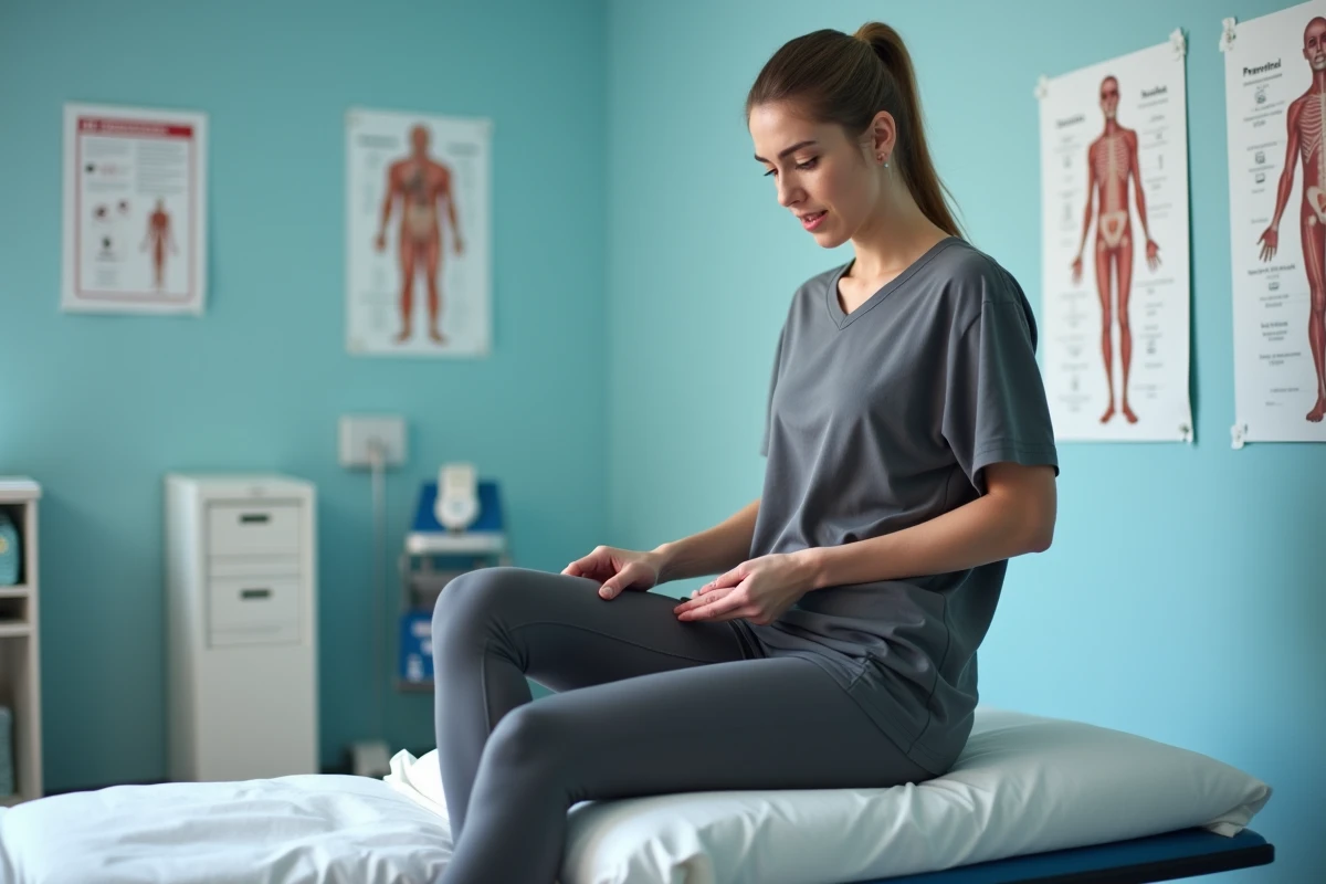 Femme en consultation médicale touchant sa cuisse