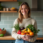 Femme souriante tenant des fruits et légumes frais dans une cuisine