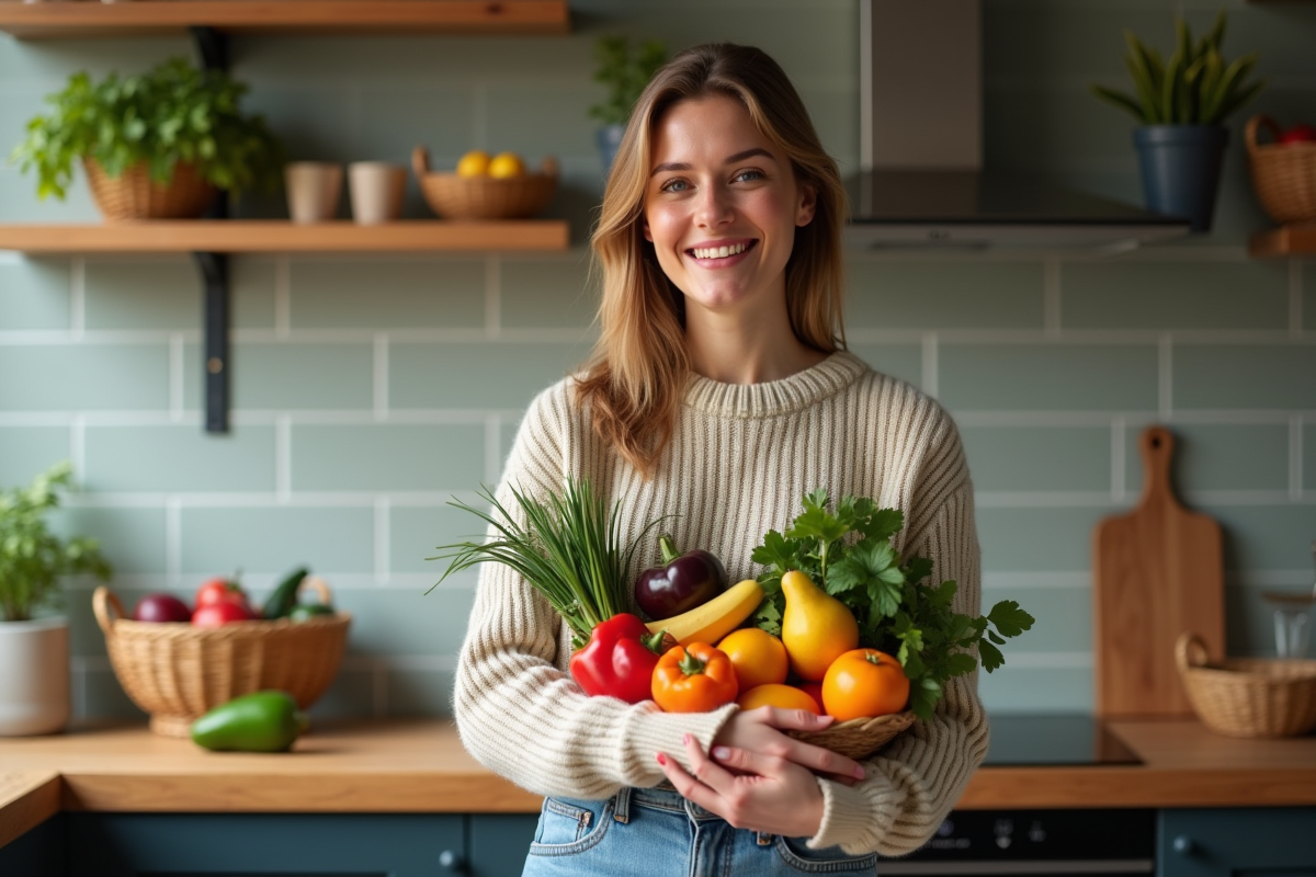 Femme souriante tenant des fruits et légumes frais dans une cuisine