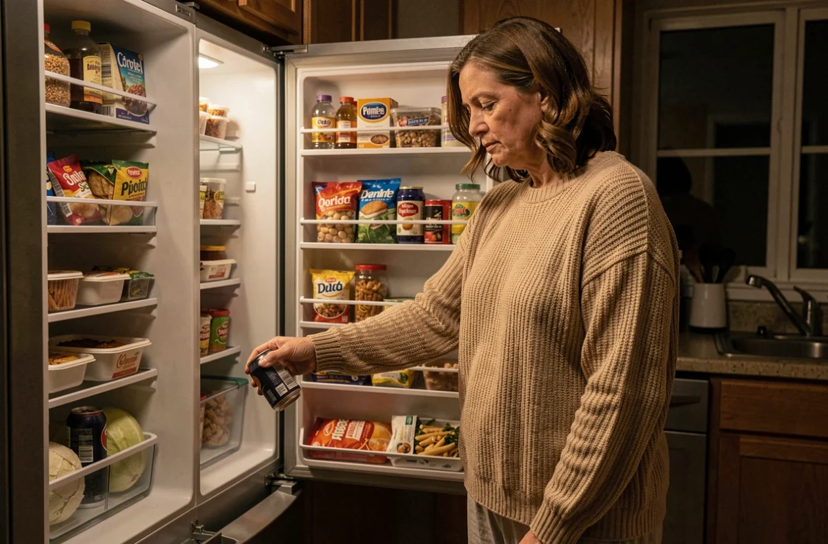 Femme d'une quarantaine d'années debout devant un réfrigérateur ouvert tard le soir, attrapant des restes et une boisson sucrée dans une cuisine encombrée, illustrant le grignotage nocturne