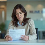 Femme d'âge moyen examine une facture à l'accueil hospitalier