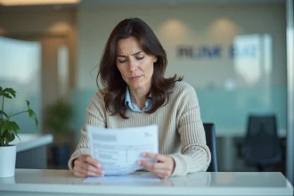Femme d'âge moyen examine une facture à l'accueil hospitalier