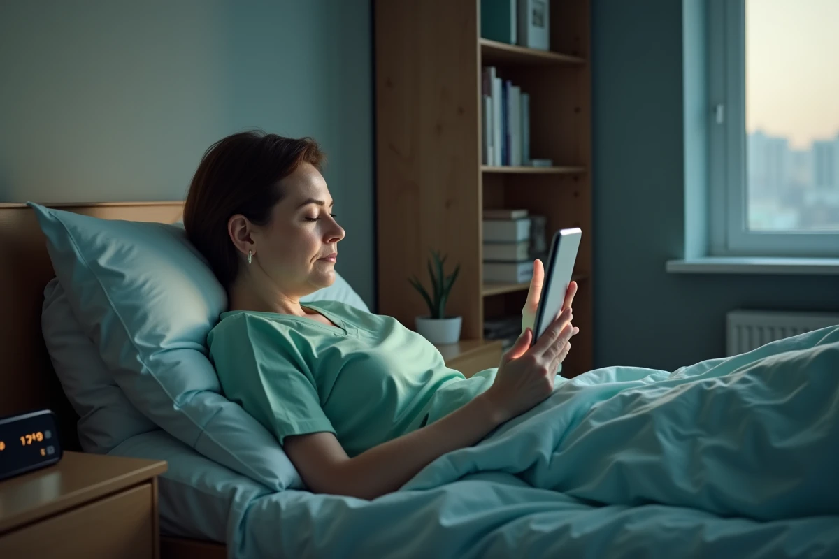 Femme hospitalière utilisant une tablette dans sa chambre