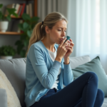 Femme d'âge moyen utilisant un inhalateur dans un salon cosy