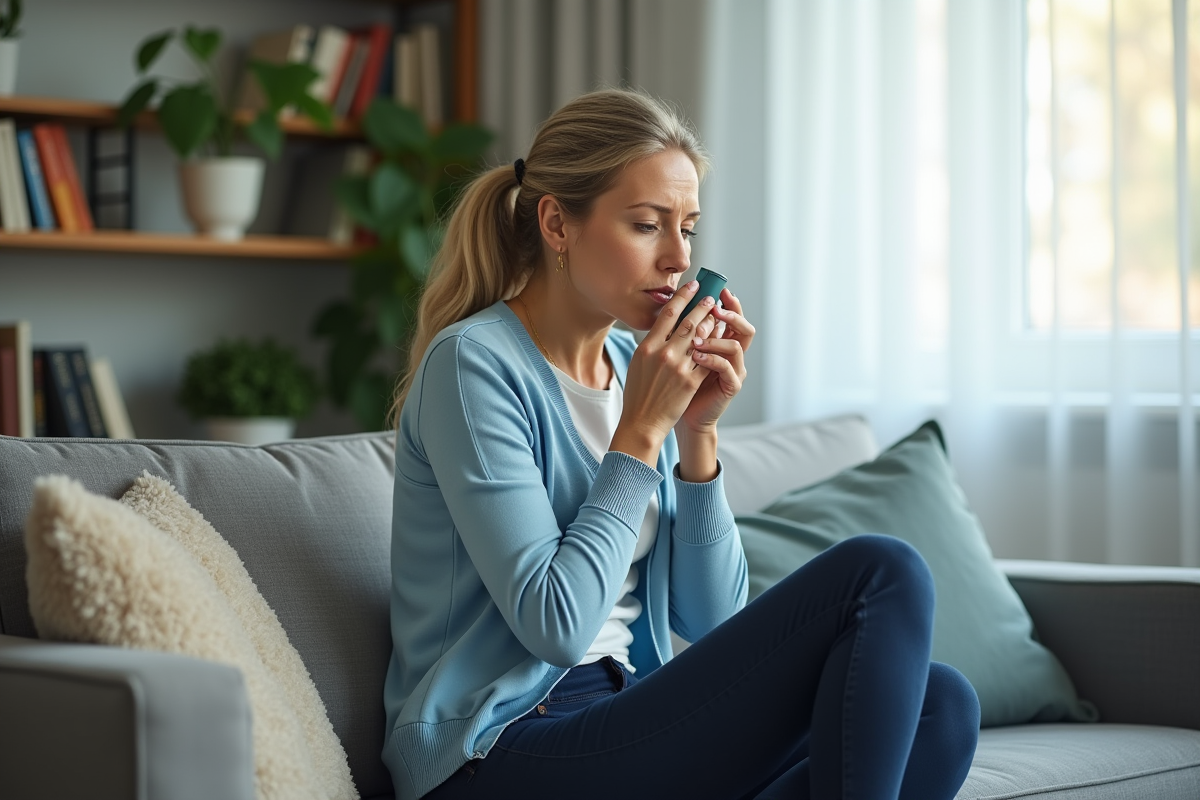 Femme d'âge moyen utilisant un inhalateur dans un salon cosy