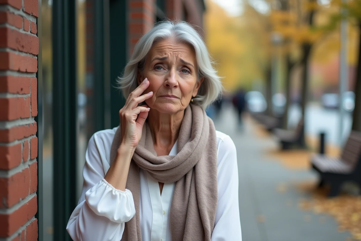 Femme inquiète dans un parc urbain avec foulard
