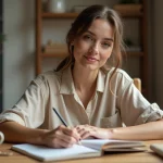 Femme trentenaire écrivant dans un journal intime dans un bureau cosy, illustration d'une approche concrète et authentique de la positivité au quotidien