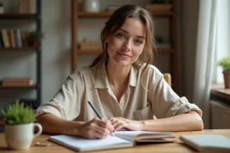 Femme trentenaire écrivant dans un journal intime dans un bureau cosy, illustration d'une approche concrète et authentique de la positivité au quotidien