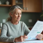 Femme d'âge mûr lisant des documents médicaux sur les effets secondaires d'un médicament à sa table de cuisine