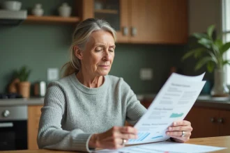 Femme d'âge mûr lisant des documents médicaux sur les effets secondaires d'un médicament à sa table de cuisine