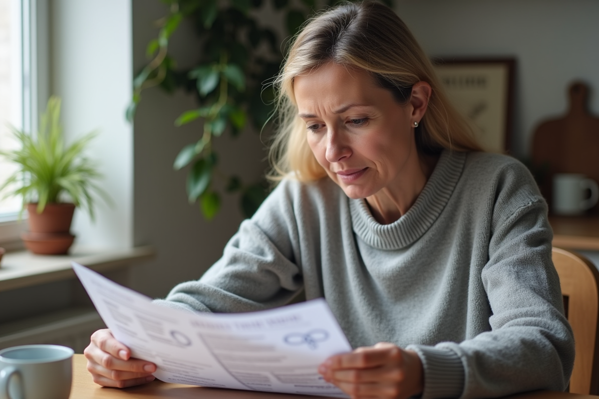Femme lisant brochure sur la sante du coeur a la maison