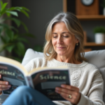 Femme d'âge moyen lisant un magazine scientifique dans un salon