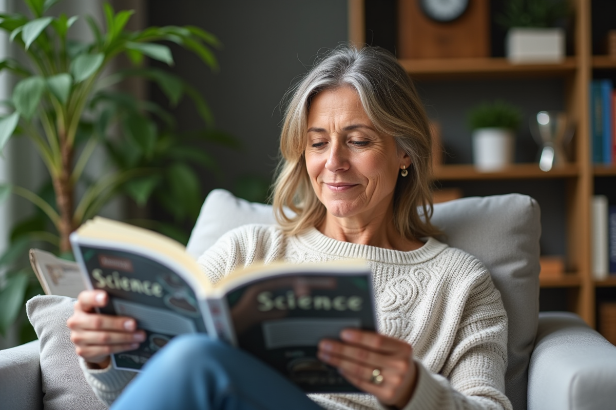 Femme d'âge moyen lisant un magazine scientifique dans un salon