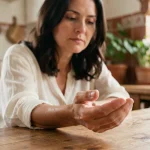 Femme regardant sa main droite avec une expression pensive, assise dans une cuisine chaleureuse, symbolisant l'interprétation des signes du destin