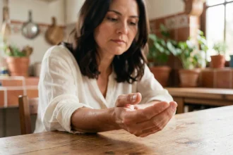 Femme regardant sa main droite avec une expression pensive, assise dans une cuisine chaleureuse, symbolisant l'interprétation des signes du destin