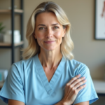 Femme médicale en blouse bleue dans un cabinet