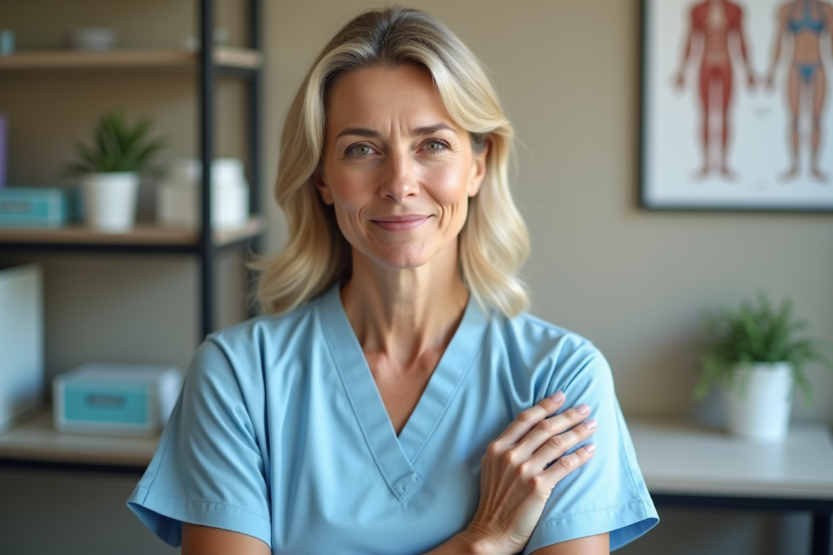 Femme médicale en blouse bleue dans un cabinet