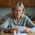 Femme d'âge moyen lisant une notice de médicaments analgésiques avec un verre d'eau et des comprimés sur la table de cuisine