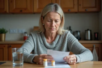 Femme d'âge moyen lisant une notice de médicaments analgésiques avec un verre d'eau et des comprimés sur la table de cuisine