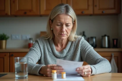 Femme d'âge moyen lisant une notice de médicaments analgésiques avec un verre d'eau et des comprimés sur la table de cuisine