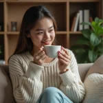 Jeune femme buvant une tisane à la menthe dans un salon chaleureux