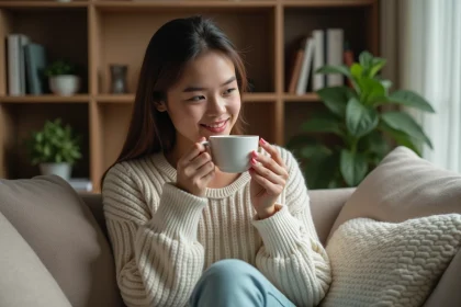 Jeune femme buvant une tisane à la menthe dans un salon chaleureux