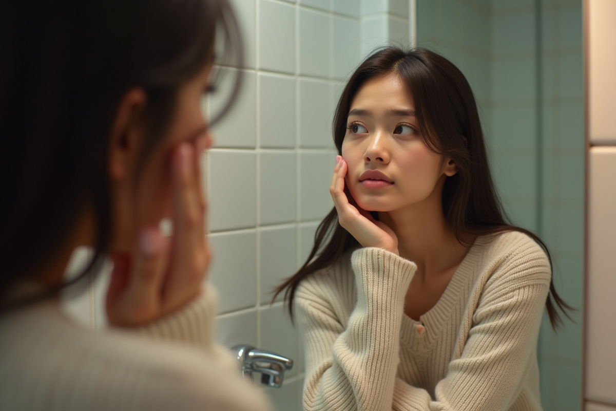 Jeune femme regardant son reflet dans le miroir de la salle de bain