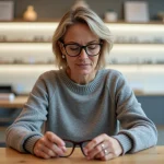 Femme chez l'opticien examinant des montures de lunettes à forte correction pour choisir des verres sans effet loupe