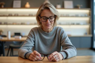 Femme chez l'opticien examinant des montures de lunettes à forte correction pour choisir des verres sans effet loupe