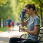 Femme assise dans un parc avec bouteille d'eau et serviette