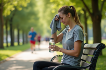 Femme assise dans un parc avec bouteille d'eau et serviette
