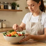Femme préparant un grand bol de salade colorée et peu calorique dans une cuisine moderne en bois clair