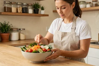 Femme préparant un grand bol de salade colorée et peu calorique dans une cuisine moderne en bois clair