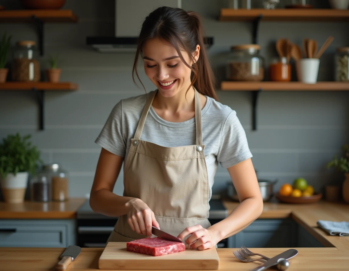 Femme préparant un filet de viande rouge maigre dans une cuisine moderne pour un repas sain et équilibré