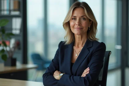 Femme en costume professionnel dans un bureau moderne