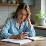 Femme en pyjama bleu prenant des notes au matin