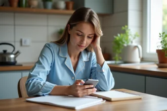 Femme en pyjama bleu prenant des notes au matin