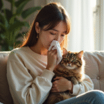 Jeune femme allergique avec chat sur un canapé lumineux