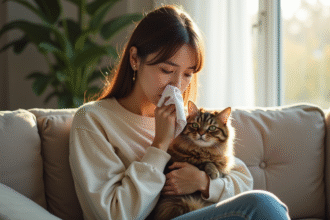Jeune femme allergique avec chat sur un canapé lumineux