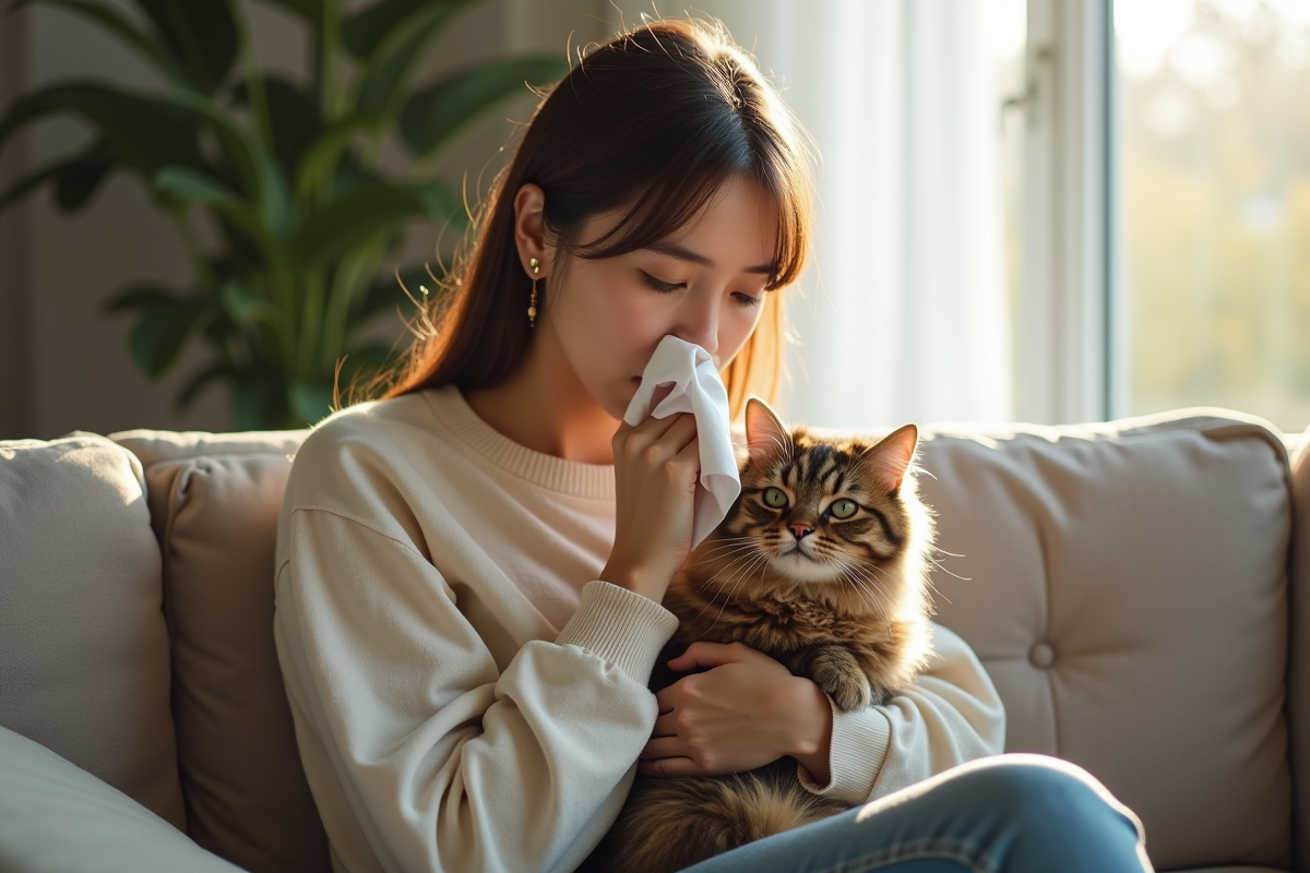 Jeune femme allergique avec chat sur un canapé lumineux
