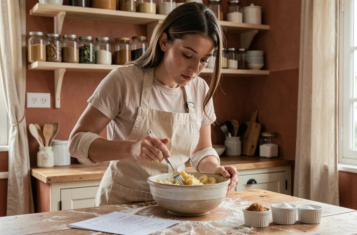 Femme préparant une recette maison avec des bananes écrasées dans un bol en céramique, contexte de cuisine française traditionnelle et calories des bananes