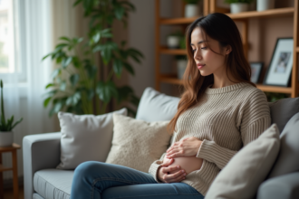 Femme en sweater dans un salon moderne et cosy
