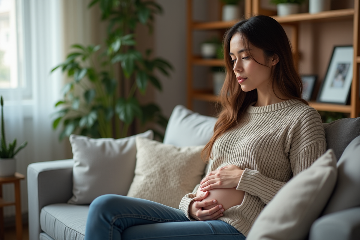 Femme en sweater dans un salon moderne et cosy