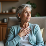 Femme d'âge moyen pensive dans un salon chaleureux