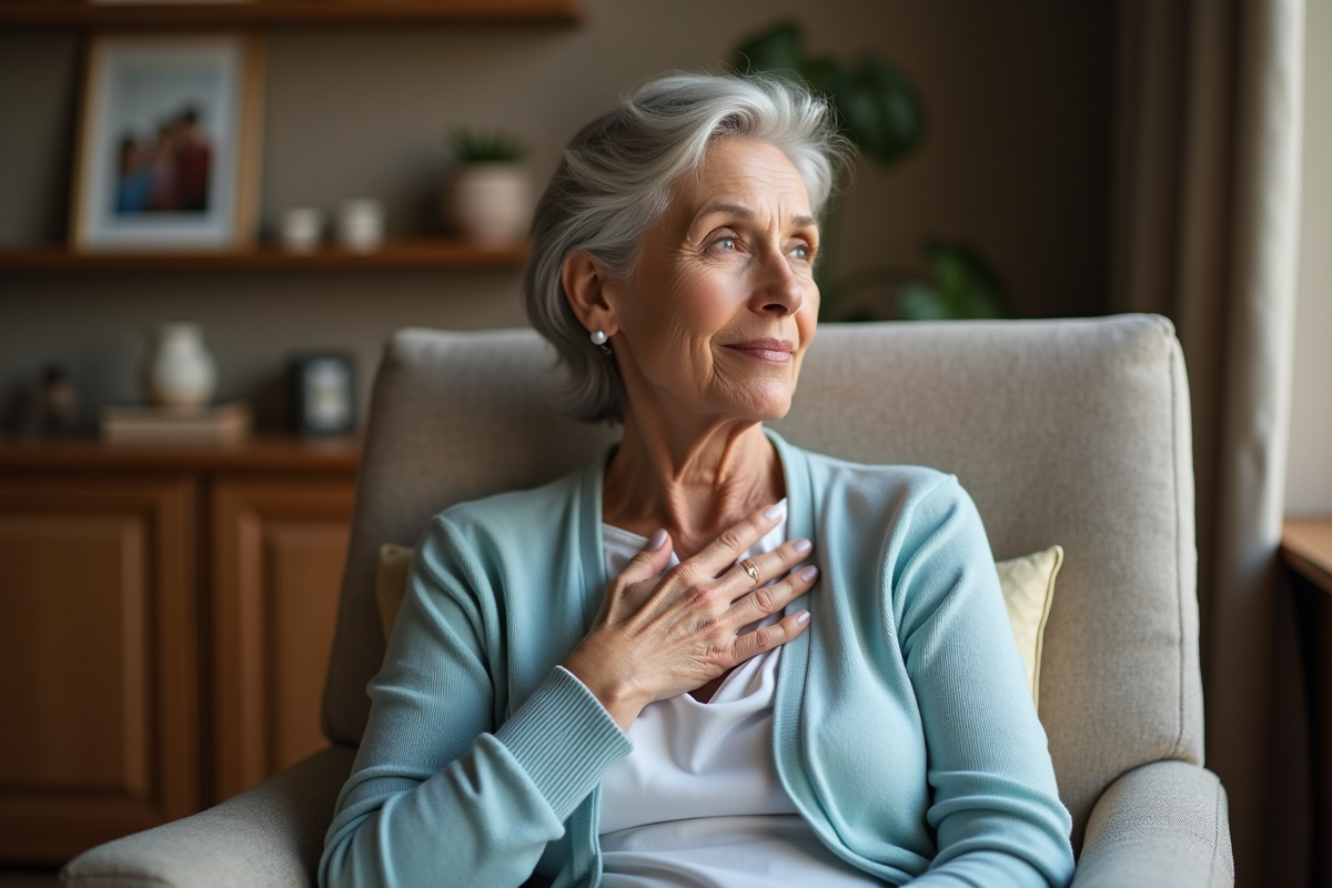 Femme d'âge moyen pensive dans un salon chaleureux