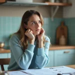 Femme pensante en cuisine avec brochures medicales
