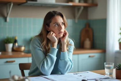 Femme pensante en cuisine avec brochures medicales