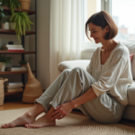 Femme assise calmement en détente et pressant son pied