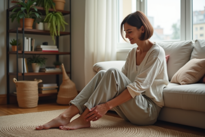 Femme assise calmement en détente et pressant son pied