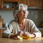 Femme d'âge moyen en détente peignant une banane dans la cuisine